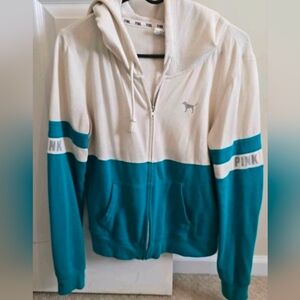 Victoria Secret PINK White And Teal Full Zip Up Hoodie Sz Med